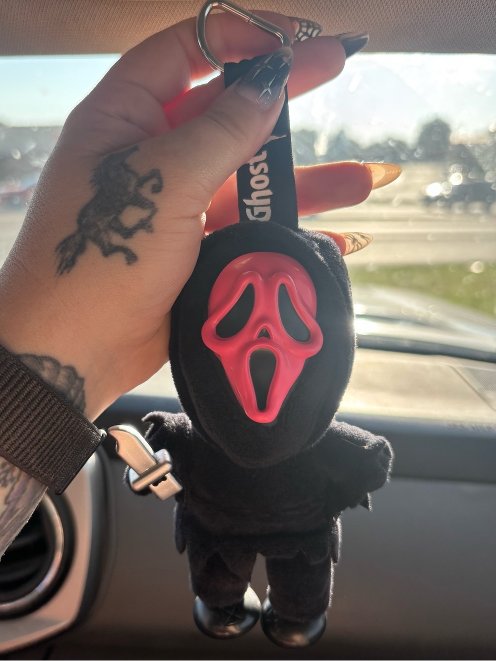 Black Plush Keychain with Pink Ghost Mask - Novelty VR/AR Accessory